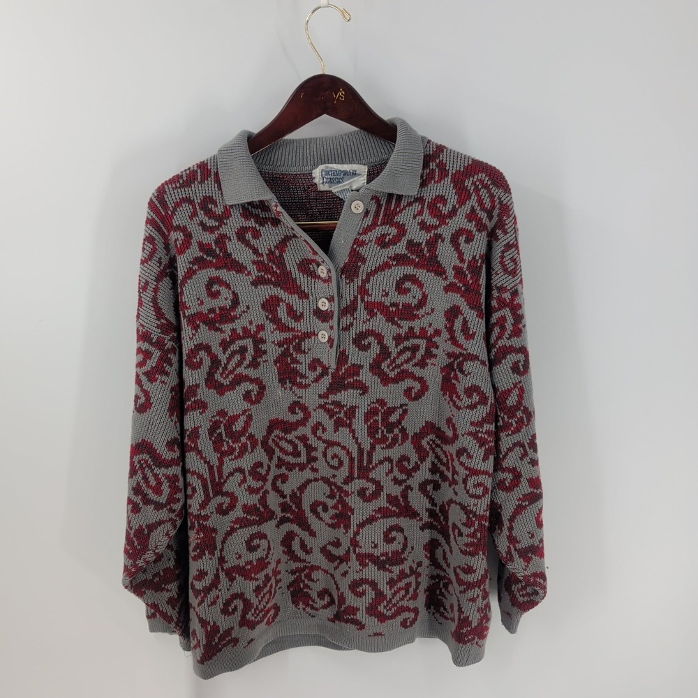 VTG 90s Contemporary Classic Retro Inspired Pullover Sweater Gray Red Size‎ L